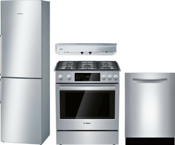 Bosch 800 4 Piece Kitchen Appliances Package with Bottom Freezer Refrigerator, Gas Range and Dishwasher in Stainless Steel BORERADWMW591