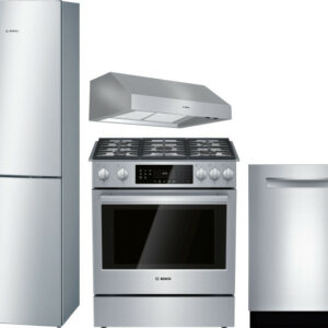 Bosch 800 4 Piece Kitchen Appliances Package with Bottom Freezer Refrigerator, Gas Range and Dishwasher in Stainless Steel BORERADWMW594