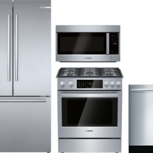 Bosch 800 4 Piece Kitchen Appliances Package with French Door Refrigerator, Dual Fuel Range, Dishwasher and Over the Range Microwave in Stainless Stee