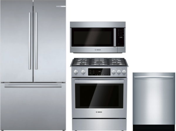 Bosch 800 4 Piece Kitchen Appliances Package with French Door Refrigerator, Dual Fuel Range, Dishwasher and Over the Range Microwave in Stainless Stee