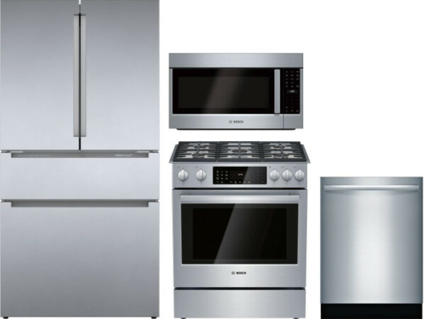 Bosch 800 4 Piece Kitchen Appliances Package with French Door Refrigerator, Dual Fuel Range, Over the Range Microwave and Dishwasher in Stainless Stee