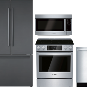 Bosch 800 4 Piece Kitchen Appliances Package with French Door Refrigerator, Electric Range, Dishwasher and Over the Range Microwave in Black Stainless