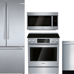 Bosch 800 4 Piece Kitchen Appliances Package with French Door Refrigerator, Electric Range, Dishwasher and Over the Range Microwave in Stainless Steel