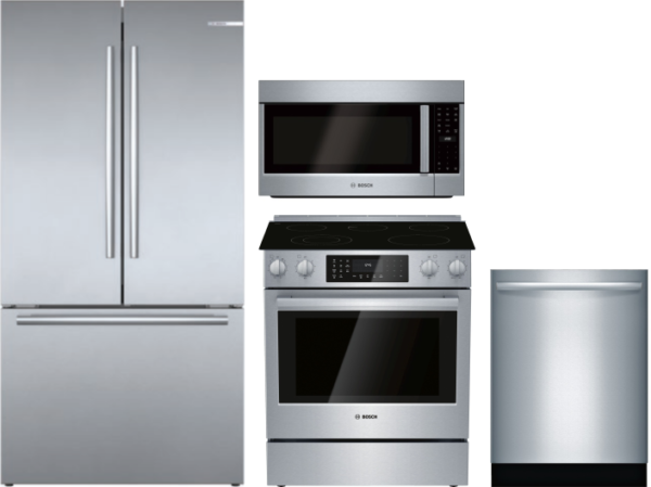 Bosch 800 4 Piece Kitchen Appliances Package with French Door Refrigerator, Electric Range, Dishwasher and Over the Range Microwave in Stainless Steel