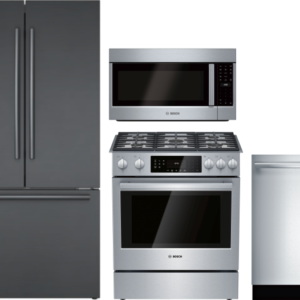 Bosch 800 4 Piece Kitchen Appliances Package with French Door Refrigerator, Gas Range, Dishwasher and Over the Range Microwave in Black Stainless Stee