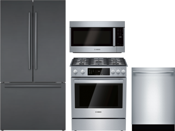 Bosch 800 4 Piece Kitchen Appliances Package with French Door Refrigerator, Gas Range, Dishwasher and Over the Range Microwave in Black Stainless Stee