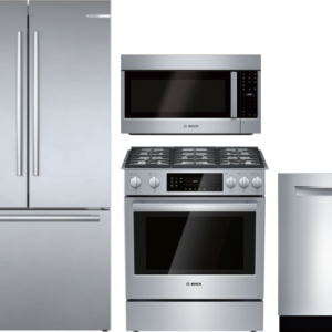 Bosch 800 4 Piece Kitchen Appliances Package with French Door Refrigerator, Gas Range, Dishwasher and Over the Range Microwave in Stainless Steel BORE