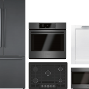 Bosch 800 5 Piece Kitchen Appliances Package with French Door Refrigerator, Dishwasher and Over the Range Microwave in Black Stainless Steel BORECOWOD