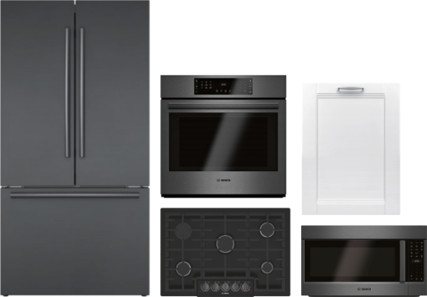 Bosch 800 5 Piece Kitchen Appliances Package with French Door Refrigerator, Dishwasher and Over the Range Microwave in Black Stainless Steel BORECOWOD