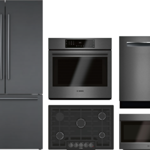 Bosch 800 5 Piece Kitchen Appliances Package with French Door Refrigerator, Dishwasher and Over the Range Microwave in Black Stainless Steel BORECTWOD