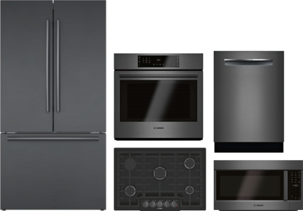 Bosch 800 5 Piece Kitchen Appliances Package with French Door Refrigerator, Dishwasher and Over the Range Microwave in Black Stainless Steel BORECTWOD