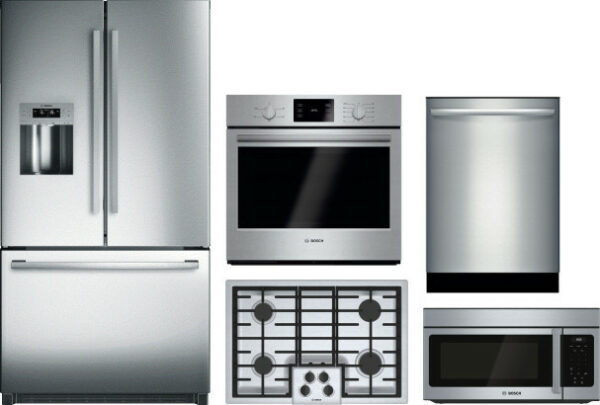 Bosch 800 5 Piece Kitchen Appliances Package with French Door Refrigerator, Dishwasher and Over the Range Microwave in Stainless Steel BORECTWODWRH173