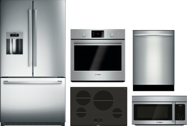 Bosch 800 5 Piece Kitchen Appliances Package with French Door Refrigerator, Dishwasher and Over the Range Microwave in Stainless Steel BORECTWODWRH174