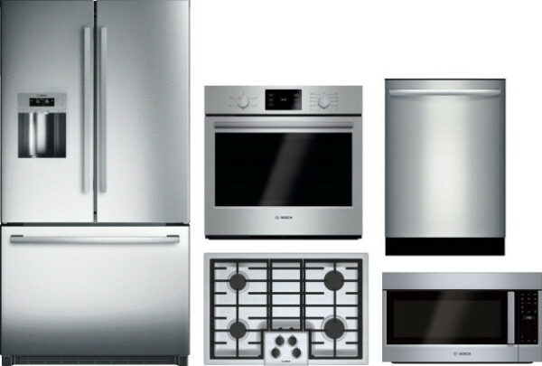 Bosch 800 5 Piece Kitchen Appliances Package with French Door Refrigerator, Dishwasher and Over the Range Microwave in Stainless Steel BORECTWODWRH189