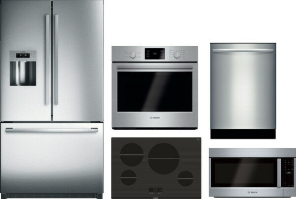 Bosch 800 5 Piece Kitchen Appliances Package with French Door Refrigerator, Dishwasher and Over the Range Microwave in Stainless Steel BORECTWODWRH190