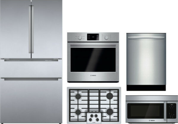 Bosch 800 5 Piece Kitchen Appliances Package with French Door Refrigerator, Dishwasher and Over the Range Microwave in Stainless Steel BORECTWODWRH299