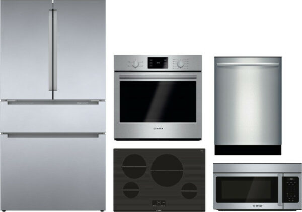 Bosch 800 5 Piece Kitchen Appliances Package with French Door Refrigerator, Dishwasher and Over the Range Microwave in Stainless Steel BORECTWODWRH300