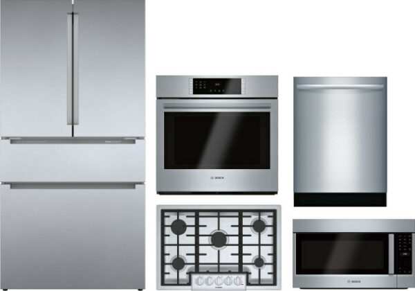 Bosch 800 5 Piece Kitchen Appliances Package with French Door Refrigerator, Dishwasher and Over the Range Microwave in Stainless Steel BORECTWODWRH303