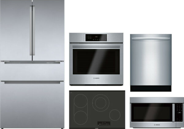 Bosch 800 5 Piece Kitchen Appliances Package with French Door Refrigerator, Dishwasher and Over the Range Microwave in Stainless Steel BORECTWODWRH304