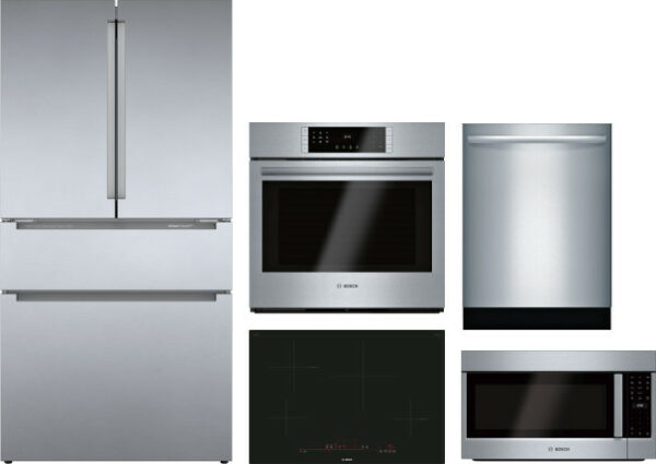 Bosch 800 5 Piece Kitchen Appliances Package with French Door Refrigerator, Dishwasher and Over the Range Microwave in Stainless Steel BORECTWODWRH305