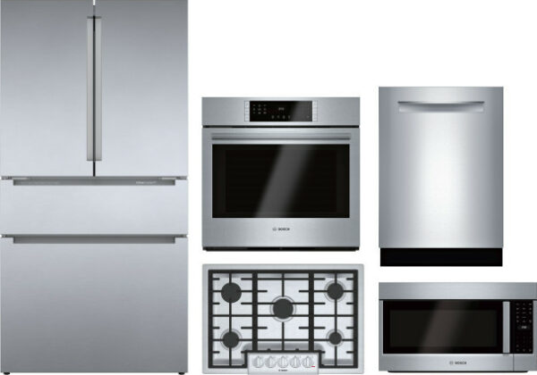 Bosch 800 5 Piece Kitchen Appliances Package with French Door Refrigerator, Dishwasher and Over the Range Microwave in Stainless Steel BORECTWODWRH309