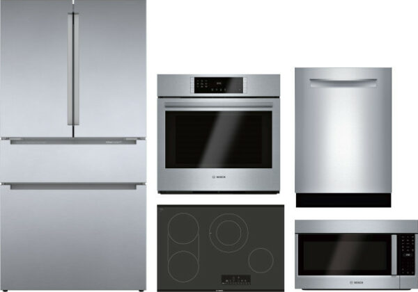 Bosch 800 5 Piece Kitchen Appliances Package with French Door Refrigerator, Dishwasher and Over the Range Microwave in Stainless Steel BORECTWODWRH310