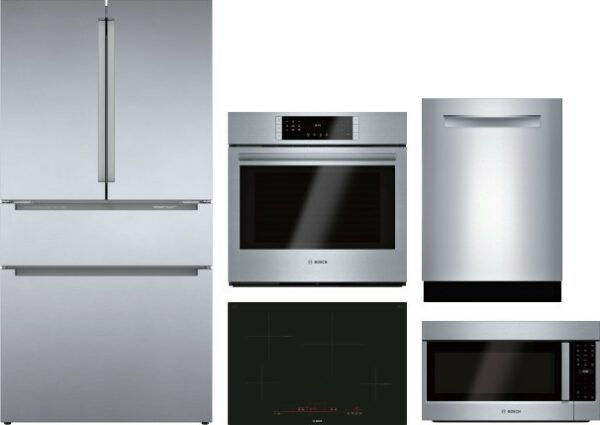 Bosch 800 5 Piece Kitchen Appliances Package with French Door Refrigerator, Dishwasher and Over the Range Microwave in Stainless Steel BORECTWODWRH311