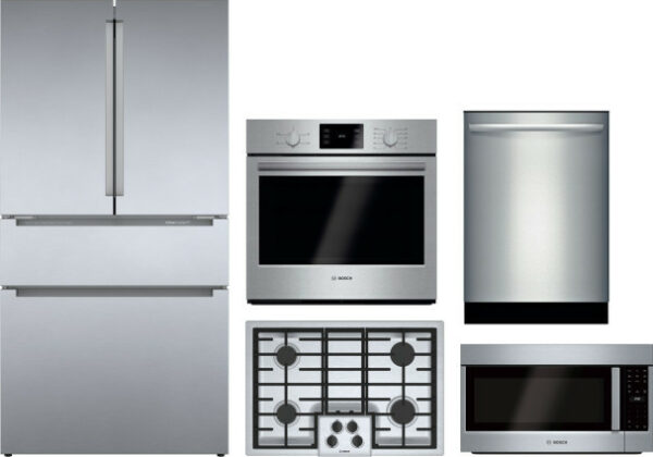 Bosch 800 5 Piece Kitchen Appliances Package with French Door Refrigerator, Dishwasher and Over the Range Microwave in Stainless Steel BORECTWODWRH324