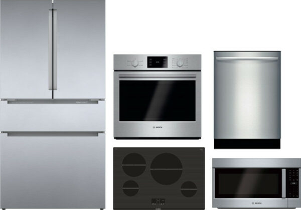 Bosch 800 5 Piece Kitchen Appliances Package with French Door Refrigerator, Dishwasher and Over the Range Microwave in Stainless Steel BORECTWODWRH325