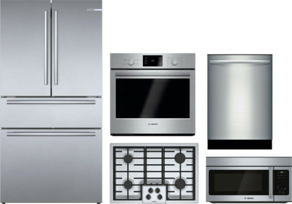 Bosch 800 5 Piece Kitchen Appliances Package with French Door Refrigerator, Dishwasher and Over the Range Microwave in Stainless Steel BORECTWODWRH334