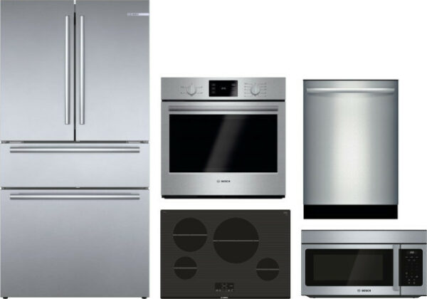 Bosch 800 5 Piece Kitchen Appliances Package with French Door Refrigerator, Dishwasher and Over the Range Microwave in Stainless Steel BORECTWODWRH335