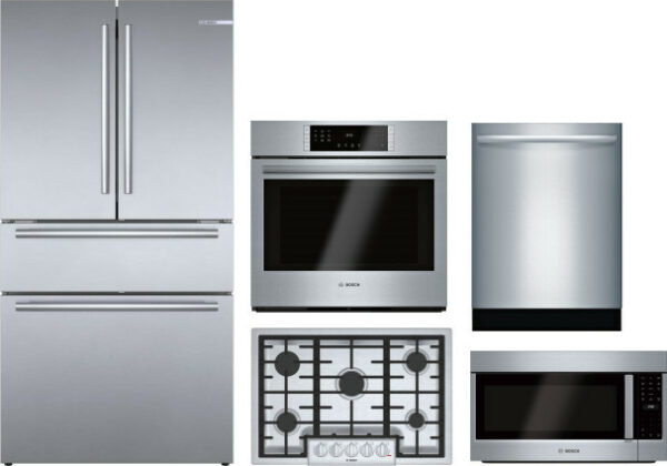 Bosch 800 5 Piece Kitchen Appliances Package with French Door Refrigerator, Dishwasher and Over the Range Microwave in Stainless Steel BORECTWODWRH338