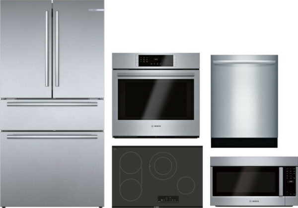 Bosch 800 5 Piece Kitchen Appliances Package with French Door Refrigerator, Dishwasher and Over the Range Microwave in Stainless Steel BORECTWODWRH339