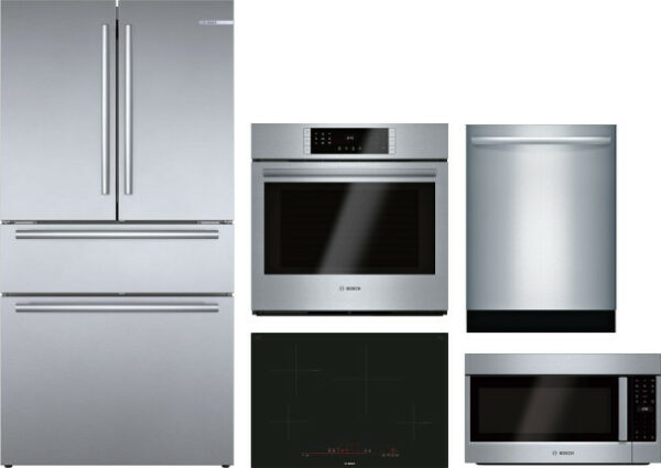 Bosch 800 5 Piece Kitchen Appliances Package with French Door Refrigerator, Dishwasher and Over the Range Microwave in Stainless Steel BORECTWODWRH340