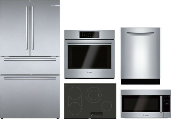 Bosch 800 5 Piece Kitchen Appliances Package with French Door Refrigerator, Dishwasher and Over the Range Microwave in Stainless Steel BORECTWODWRH345