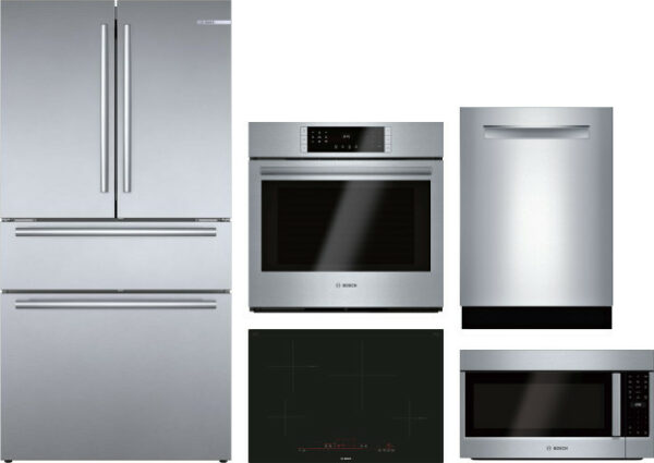 Bosch 800 5 Piece Kitchen Appliances Package with French Door Refrigerator, Dishwasher and Over the Range Microwave in Stainless Steel BORECTWODWRH346