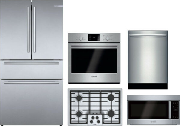 Bosch 800 5 Piece Kitchen Appliances Package with French Door Refrigerator, Dishwasher and Over the Range Microwave in Stainless Steel BORECTWODWRH356