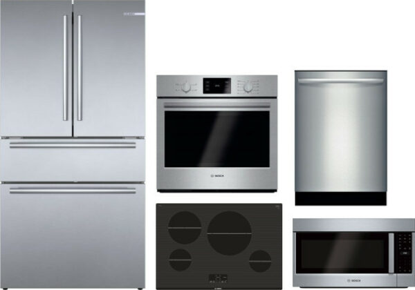 Bosch 800 5 Piece Kitchen Appliances Package with French Door Refrigerator, Dishwasher and Over the Range Microwave in Stainless Steel BORECTWODWRH357