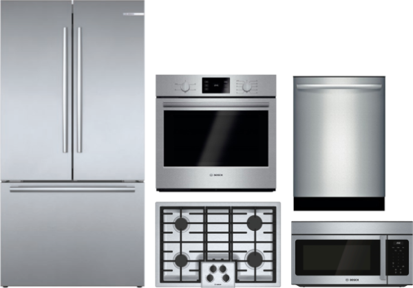 Bosch 800 5 Piece Kitchen Appliances Package with French Door Refrigerator, Dishwasher and Over the Range Microwave in Stainless Steel BORECTWODWRH405