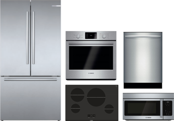 Bosch 800 5 Piece Kitchen Appliances Package with French Door Refrigerator, Dishwasher and Over the Range Microwave in Stainless Steel BORECTWODWRH406