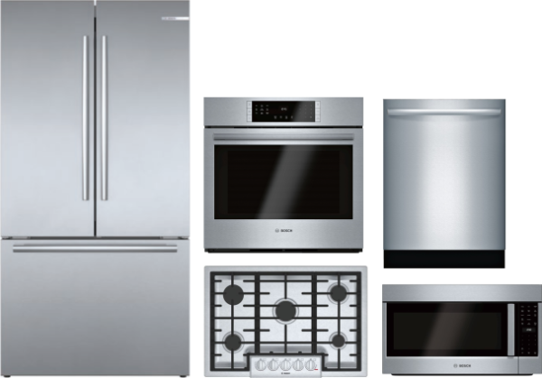 Bosch 800 5 Piece Kitchen Appliances Package with French Door Refrigerator, Dishwasher and Over the Range Microwave in Stainless Steel BORECTWODWRH409