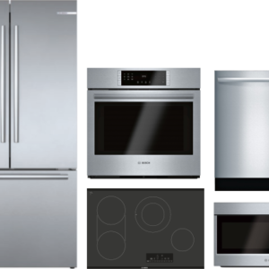 Bosch 800 5 Piece Kitchen Appliances Package with French Door Refrigerator, Dishwasher and Over the Range Microwave in Stainless Steel BORECTWODWRH410