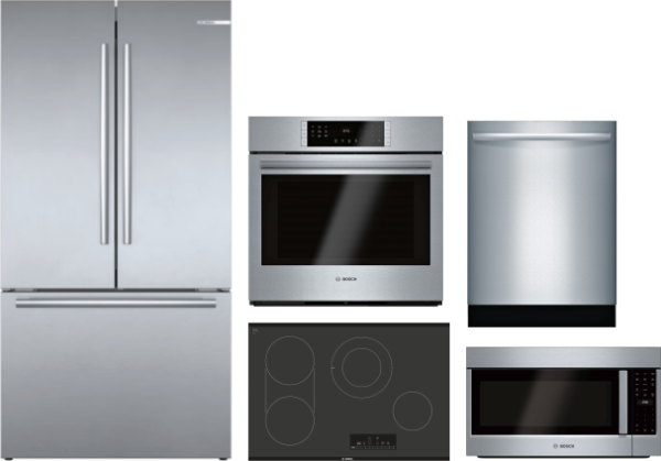 Bosch 800 5 Piece Kitchen Appliances Package with French Door Refrigerator, Dishwasher and Over the Range Microwave in Stainless Steel BORECTWODWRH410