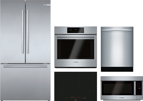 Bosch 800 5 Piece Kitchen Appliances Package with French Door Refrigerator, Dishwasher and Over the Range Microwave in Stainless Steel BORECTWODWRH411