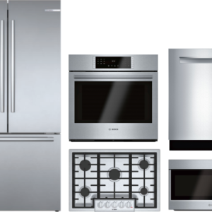 Bosch 800 5 Piece Kitchen Appliances Package with French Door Refrigerator, Dishwasher and Over the Range Microwave in Stainless Steel BORECTWODWRH415