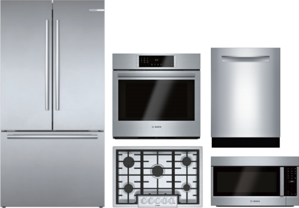 Bosch 800 5 Piece Kitchen Appliances Package with French Door Refrigerator, Dishwasher and Over the Range Microwave in Stainless Steel BORECTWODWRH415