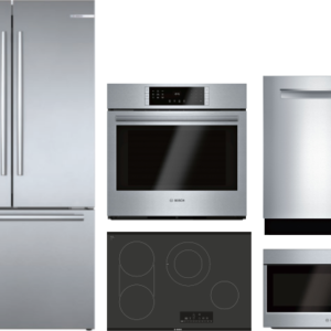 Bosch 800 5 Piece Kitchen Appliances Package with French Door Refrigerator, Dishwasher and Over the Range Microwave in Stainless Steel BORECTWODWRH416