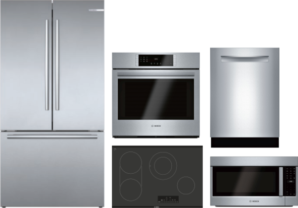 Bosch 800 5 Piece Kitchen Appliances Package with French Door Refrigerator, Dishwasher and Over the Range Microwave in Stainless Steel BORECTWODWRH416