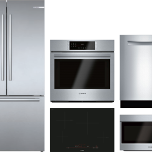 Bosch 800 5 Piece Kitchen Appliances Package with French Door Refrigerator, Dishwasher and Over the Range Microwave in Stainless Steel BORECTWODWRH417