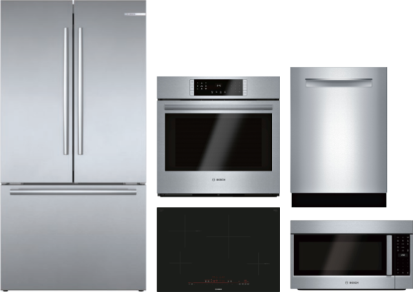 Bosch 800 5 Piece Kitchen Appliances Package with French Door Refrigerator, Dishwasher and Over the Range Microwave in Stainless Steel BORECTWODWRH417